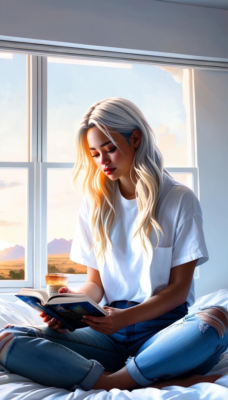 Girl Reading Book in Sunlight: Photorealistic Artwork