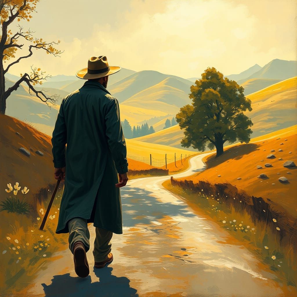 Traveler on Winding Road in Impressionist Style