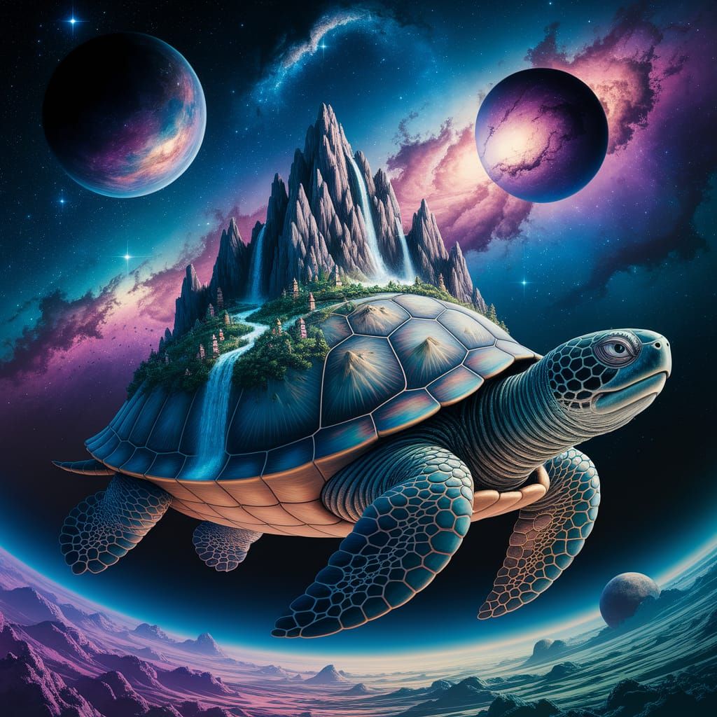 Surreal Cosmic Turtle Mountain in Hyperrealistic Dreamscape