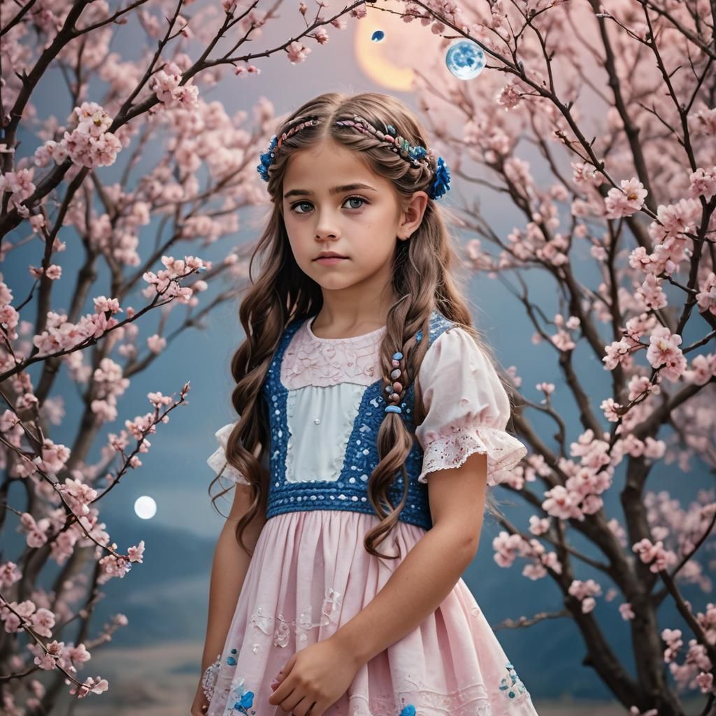 Girl with Pink Hair in Poppy Field at Night