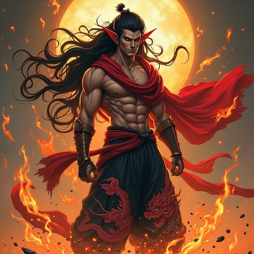 Demon King with Dragon Pants and Flowing Scarf