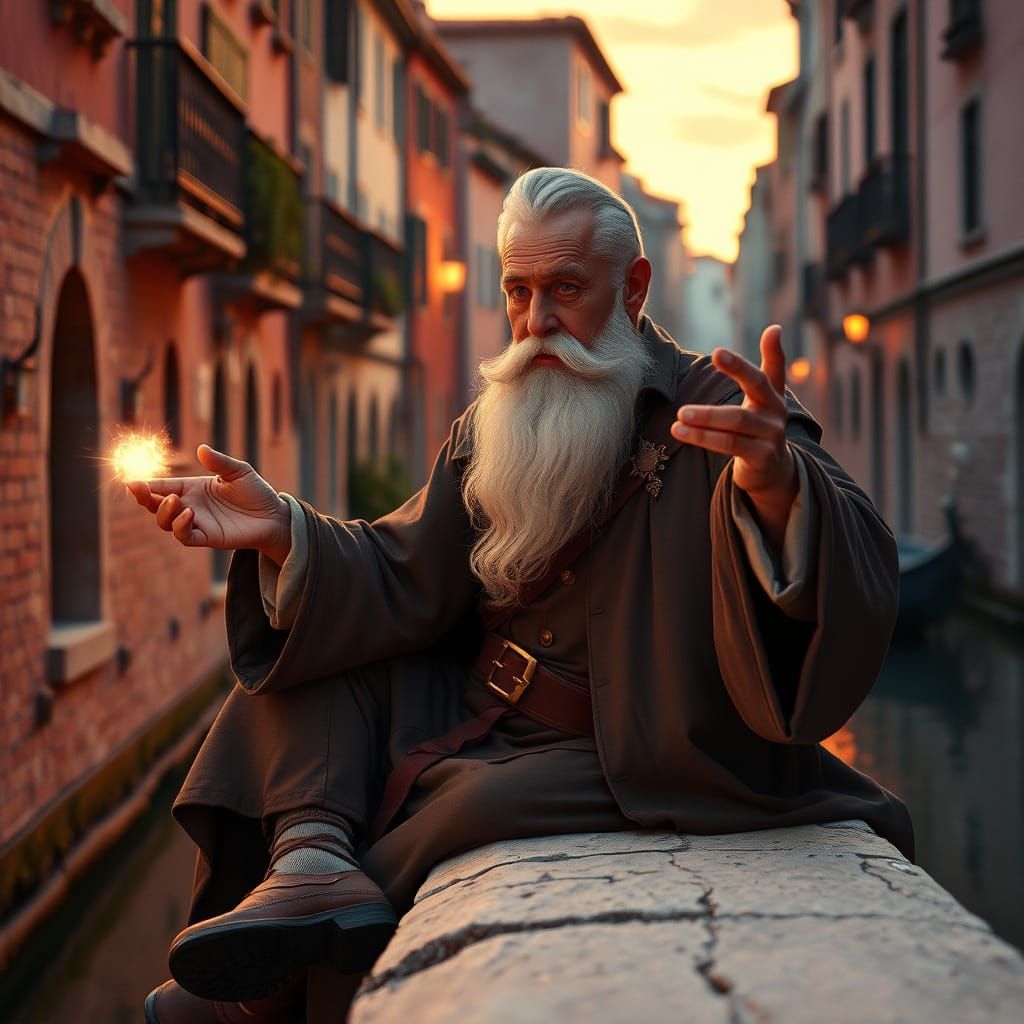 Ethereal Magician at Sunset in Renaissance City