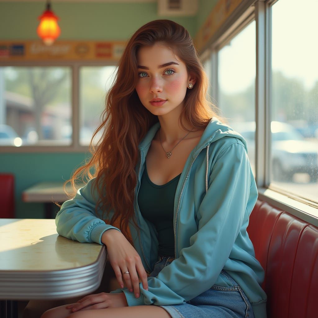 Hyperrealistic Portrait of a Girl at a Diner