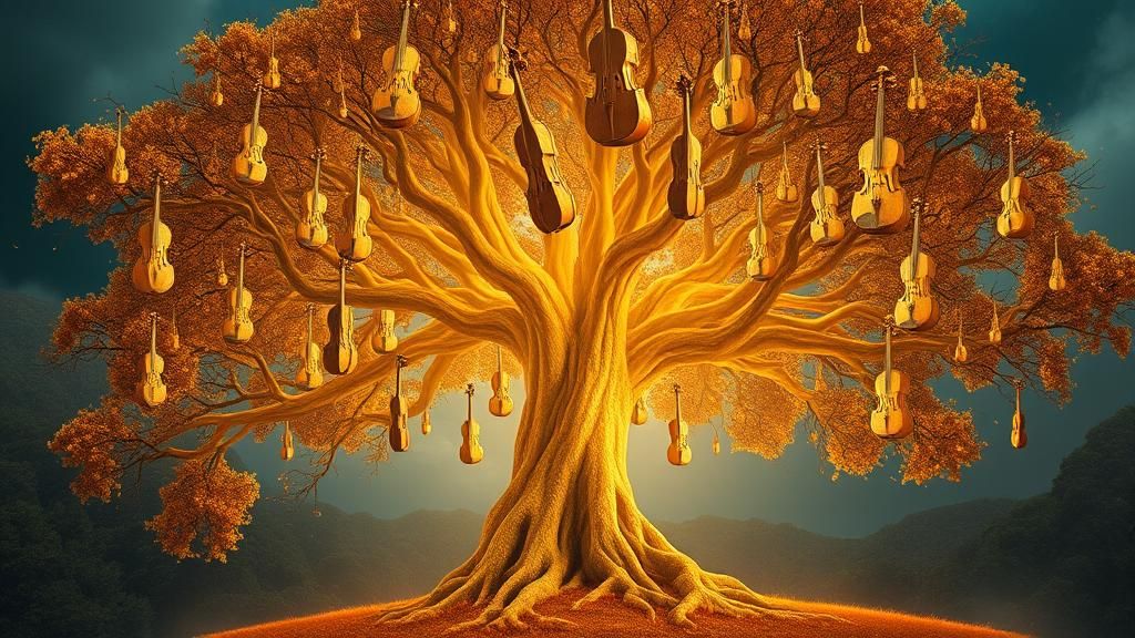 Glowing Violin Tree in Mystical Surrealist Style