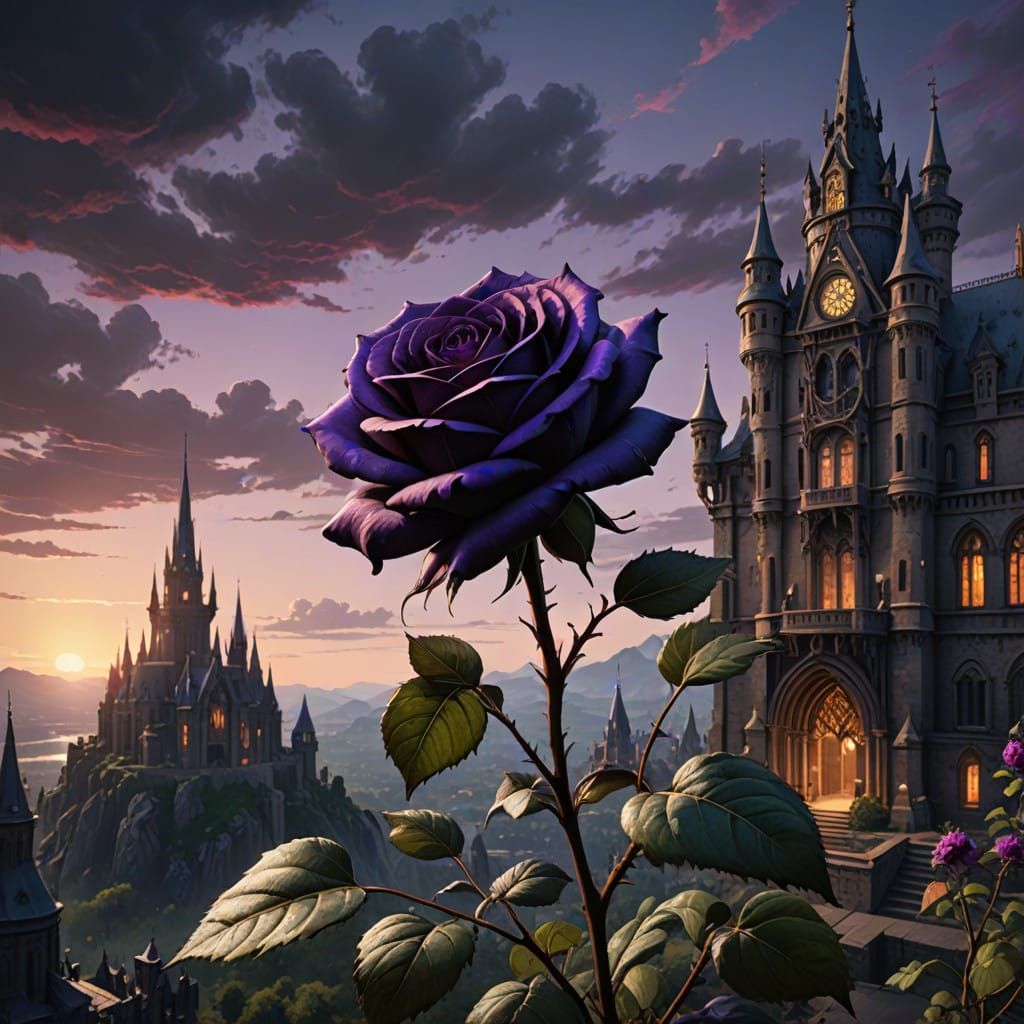 Dark Fantasy Castle Landscape with Black Rose