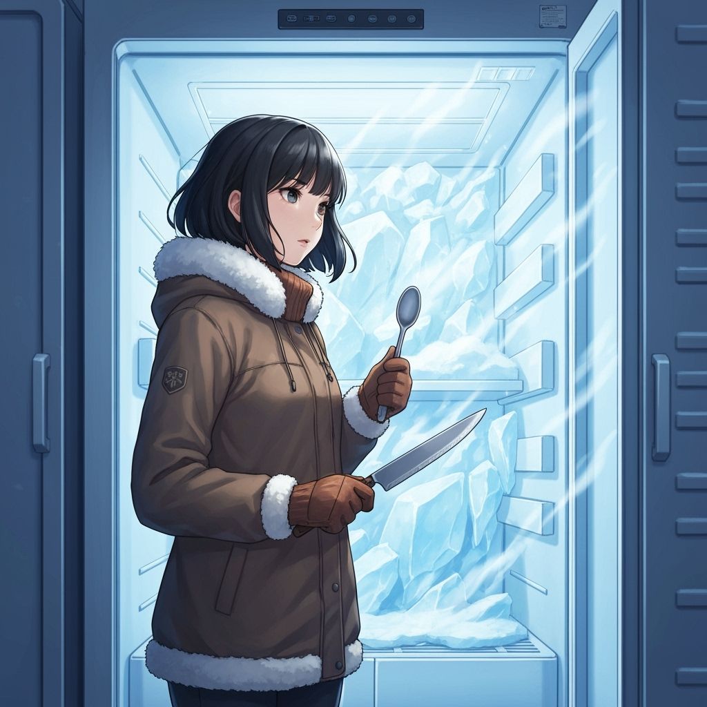 Anime Woman Ready for Battle in Frozen Refrigerator World