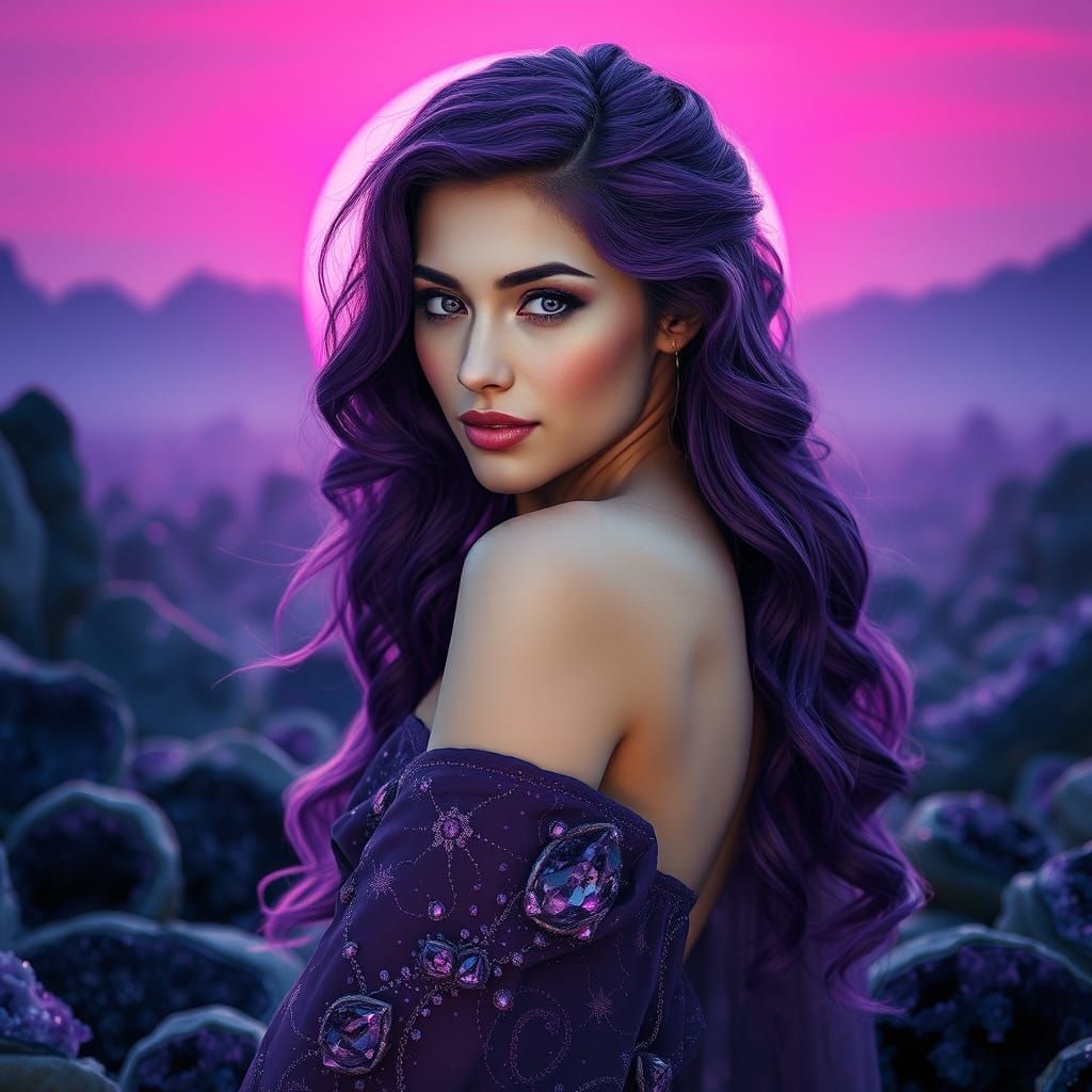 Ethereal Purple Sunrise Amidst Amethyst Geodes