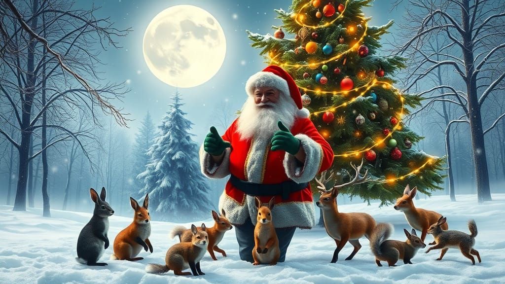 Winter Wonderland in Soft Moonlight, Featuring Santa Claus a...