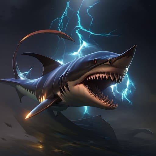 Giant Shark Portrait with Thunder and Lightning