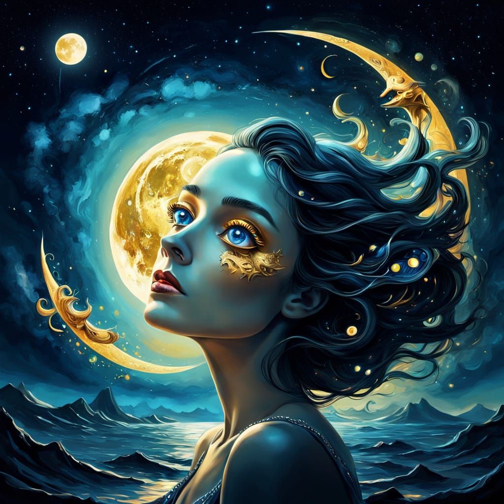 Surreal Woman with Golden Fish on Crescent Moon