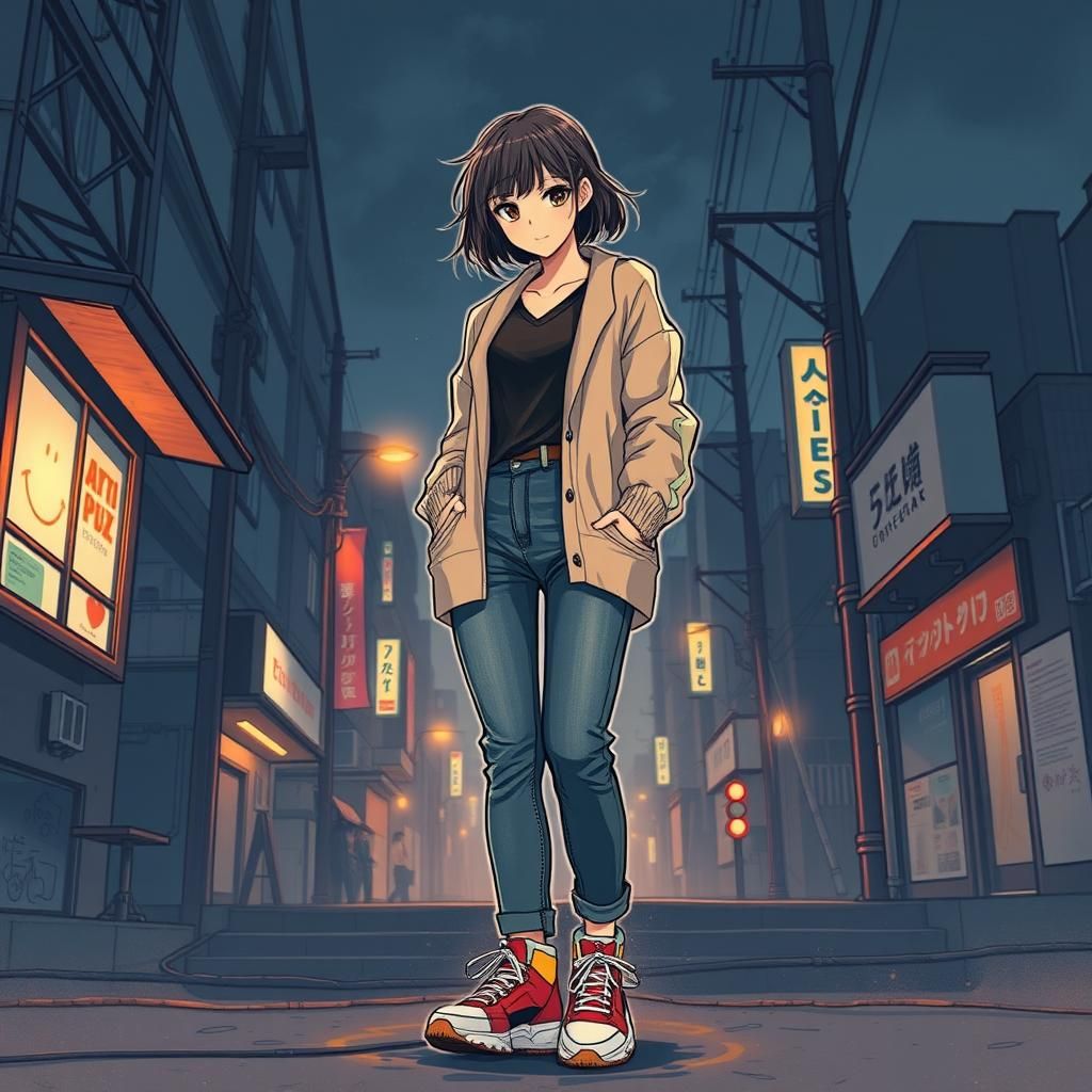 Stylish Woman in Urban Setting, Anime Key Visual