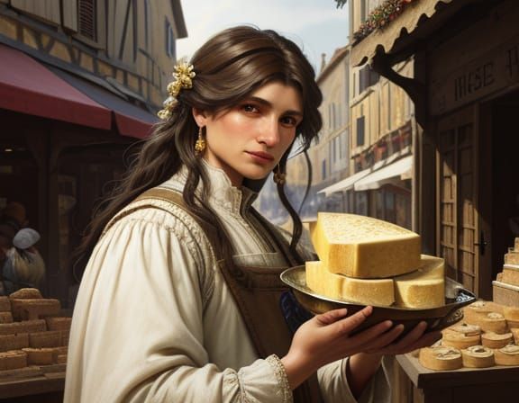 Medieval French Cheese Seller in Golden Morning Light