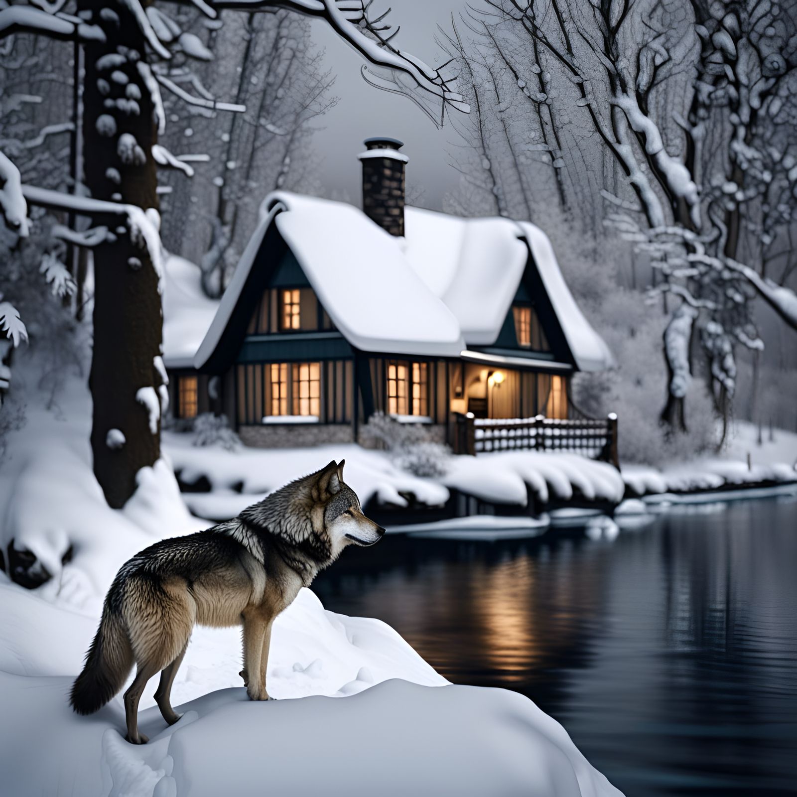 Wolf in Snowy Forest Riverscape