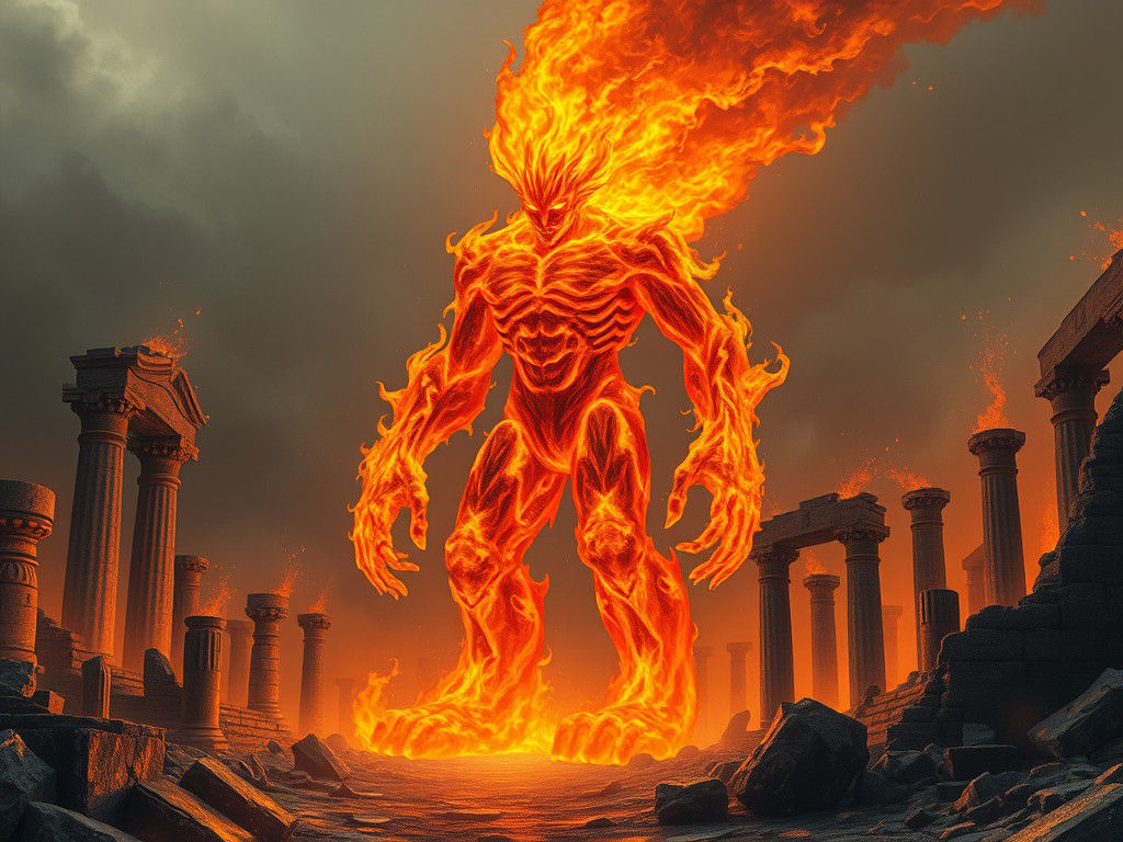 Colossal Fire Guardian Watches Over Ancient Ruins