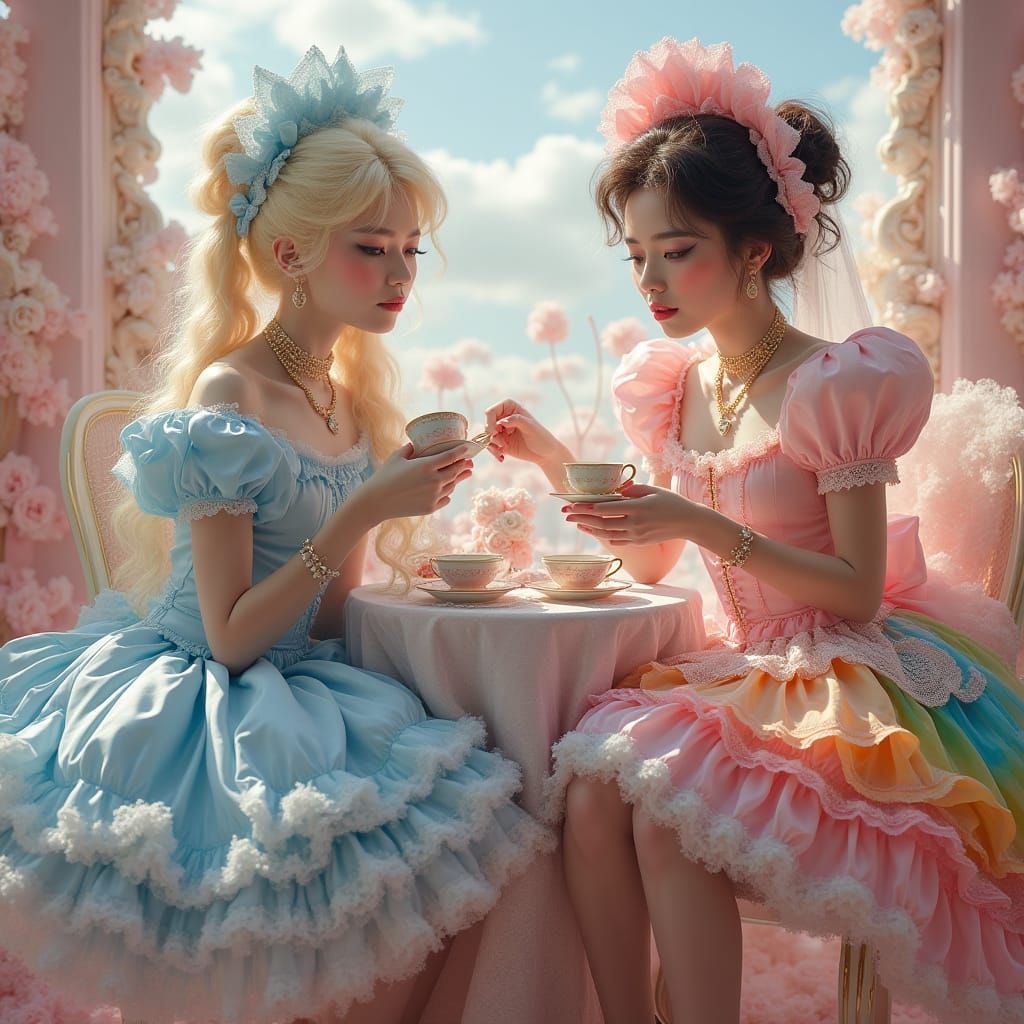 Exquisite Ladies at Whimsical Tea Party in Rococo Style