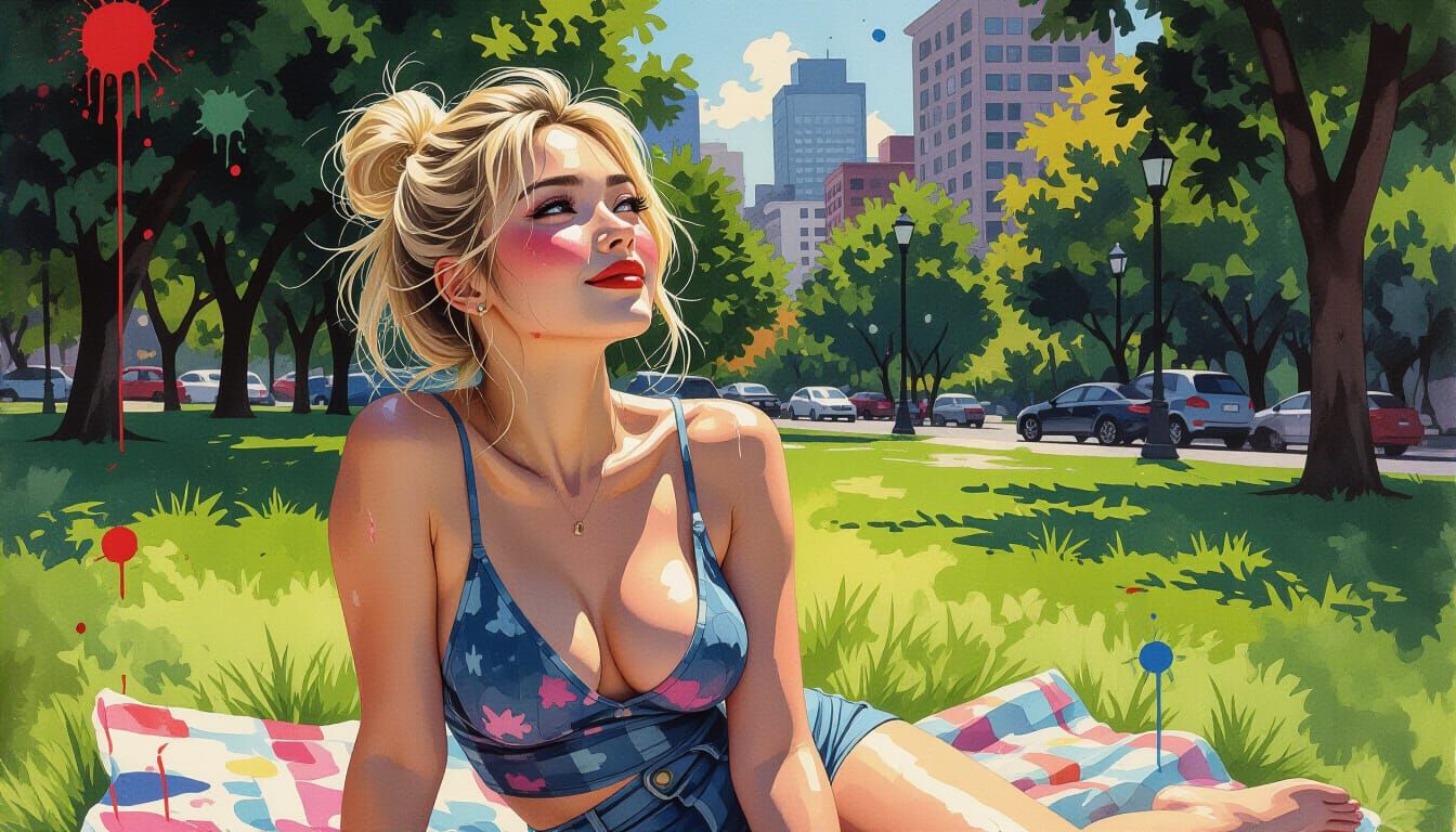 Vietnamese Woman in Park: Ink Drawing with Impasto