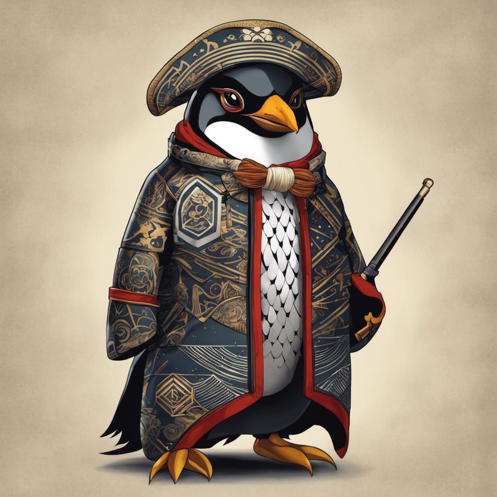 Pirate Penguin Character Art in Edo Style