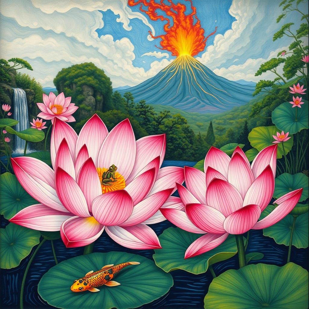 Surreal Lotus Garden in Durer Style
