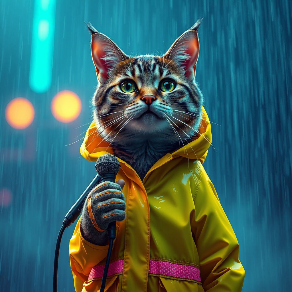 Tabby Cat Reporter in Rainy Neon Worldscape