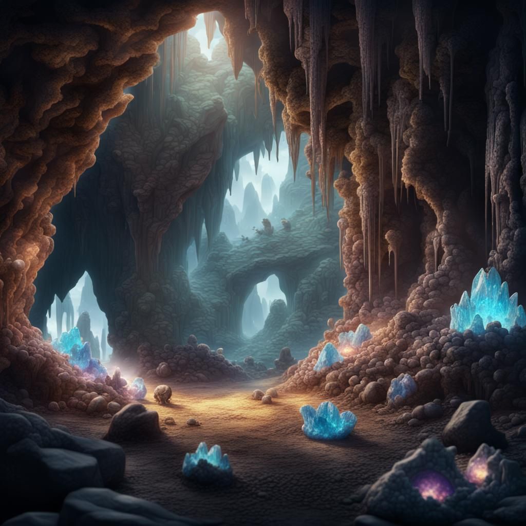 Mysterious Crystal Cave with Furry Creatures