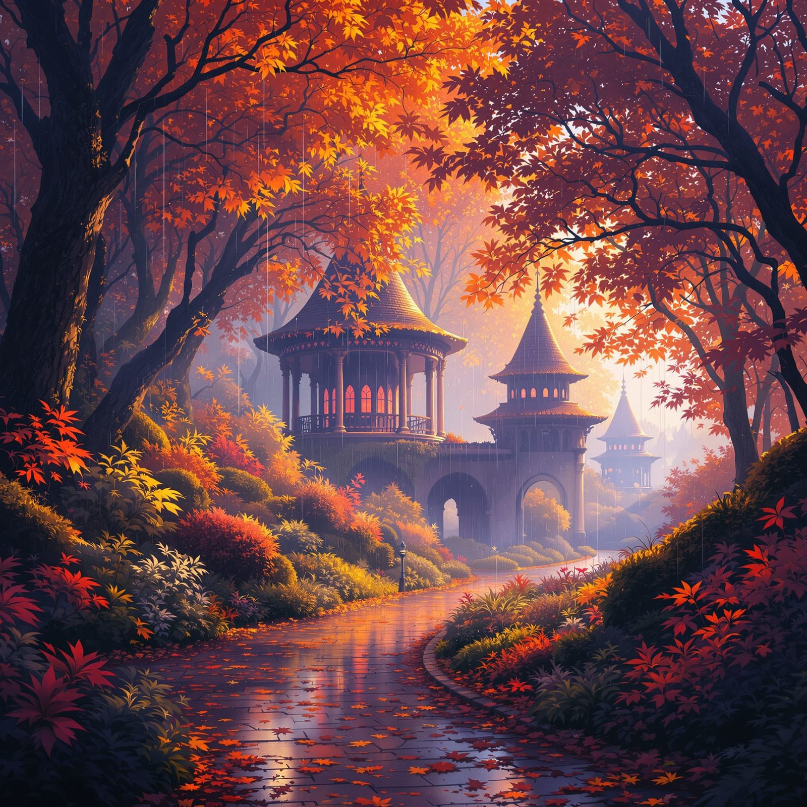 Surreal Autumn Park with Ethereal Glow and Holographic Rain