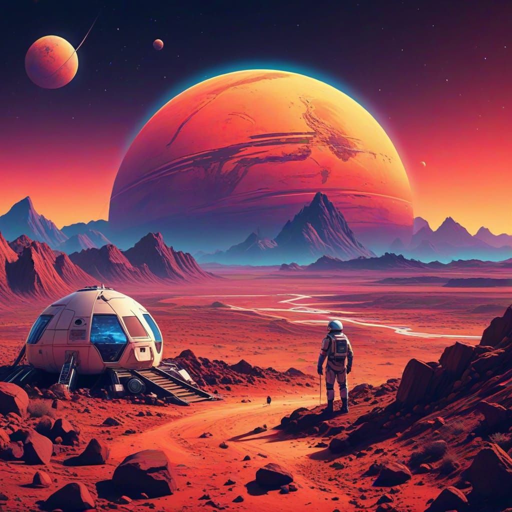 Mars Colony Poster in Synthwave Neon Style