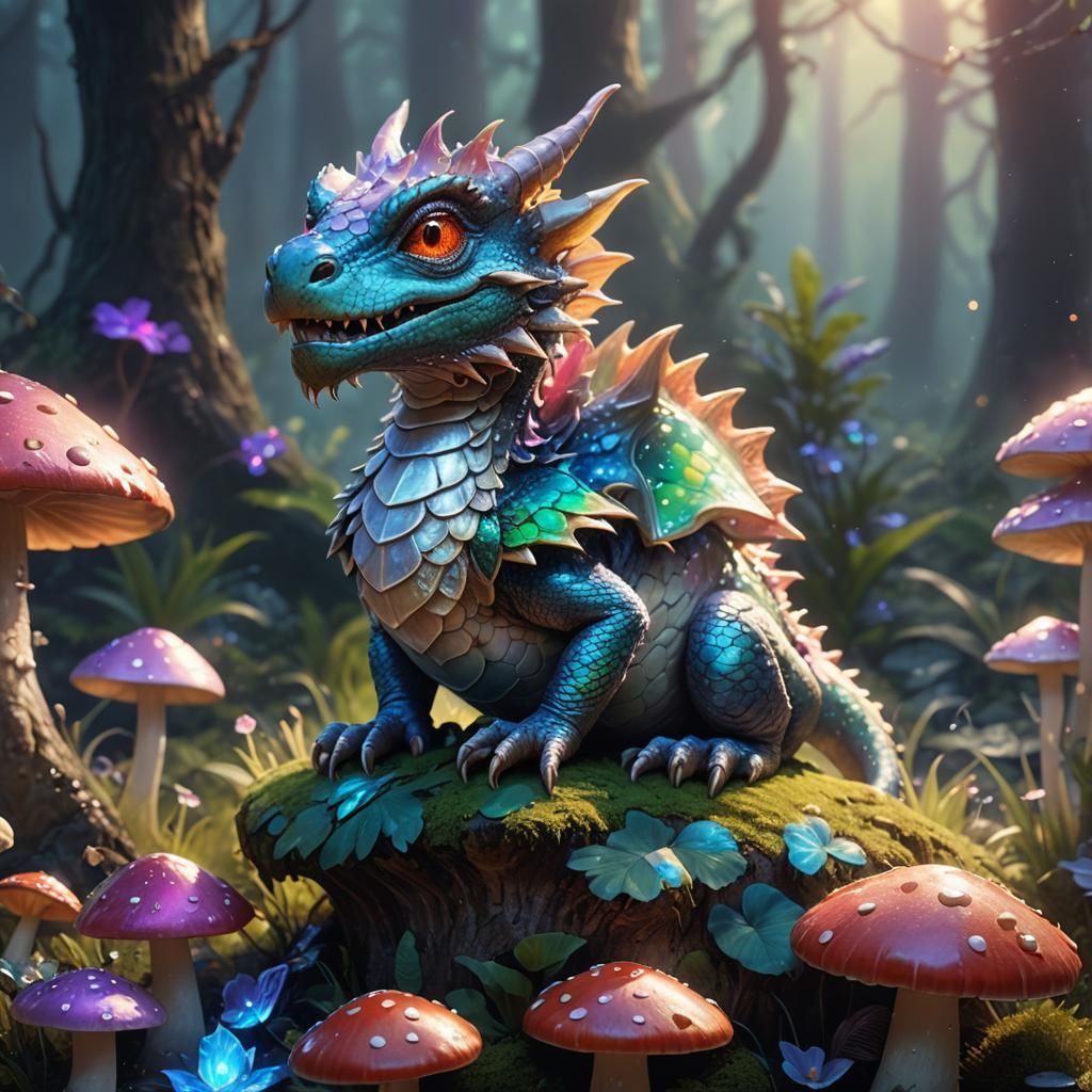 Iridescent Dragon on Toadstool: Fantasy Concept Art