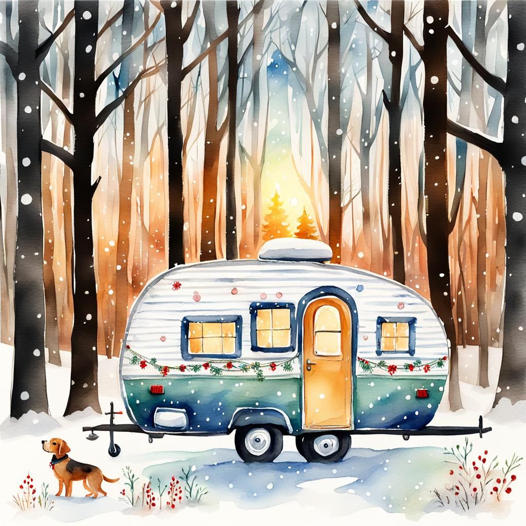Warm Winter Wonderland in Whimsical Watercolor Style