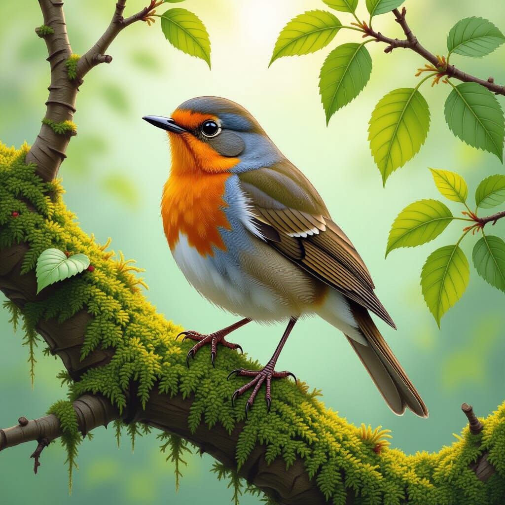 Proud Robin on Mossy Branch, Detailed Illustration