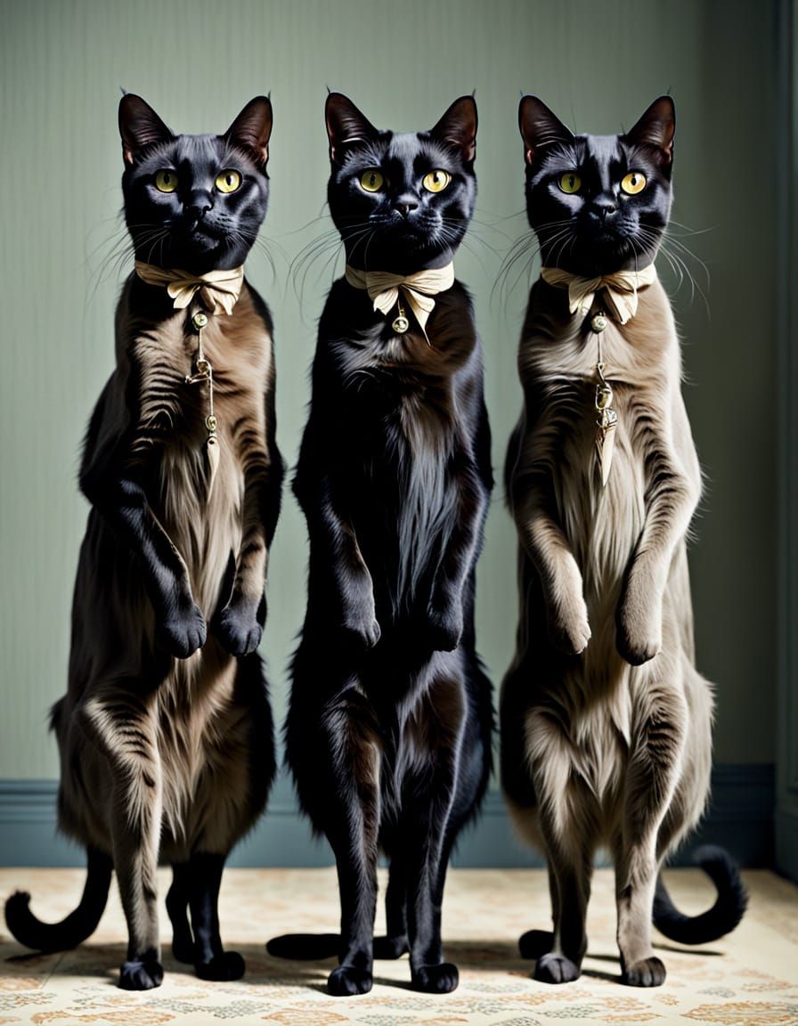 Three Tall Black Cats in Edwardian Attire
