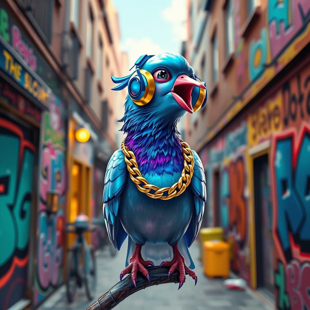 Surreal Streetwise Pigeon Rapper in Neon Metallic Blue