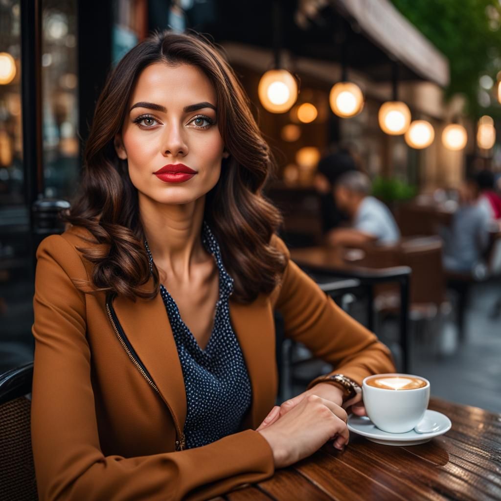 Stunning Brunette Woman at Cafe, Realistic Portrait