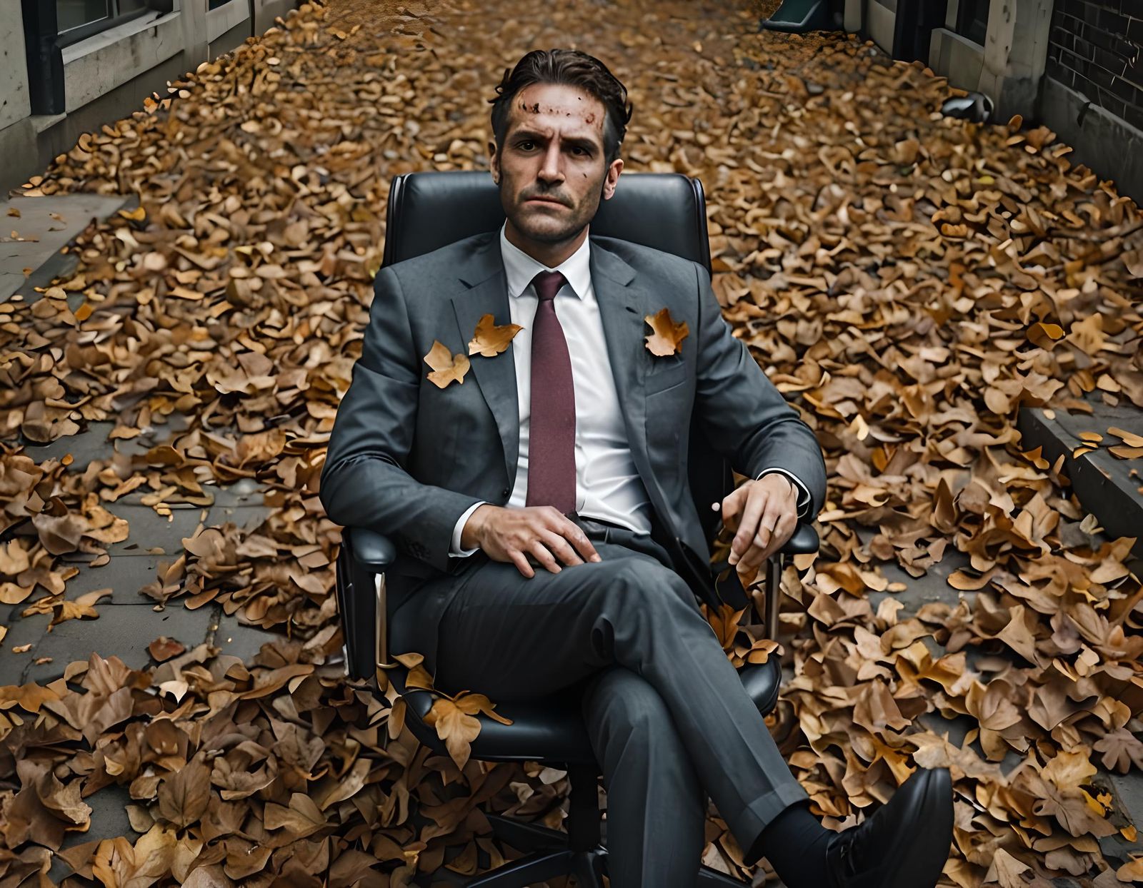 Decaying Figure in Business Attire Surrounded by Leaves