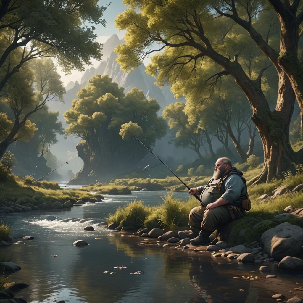 Man Fishing by River: Detailed Fantasy Matte Painting