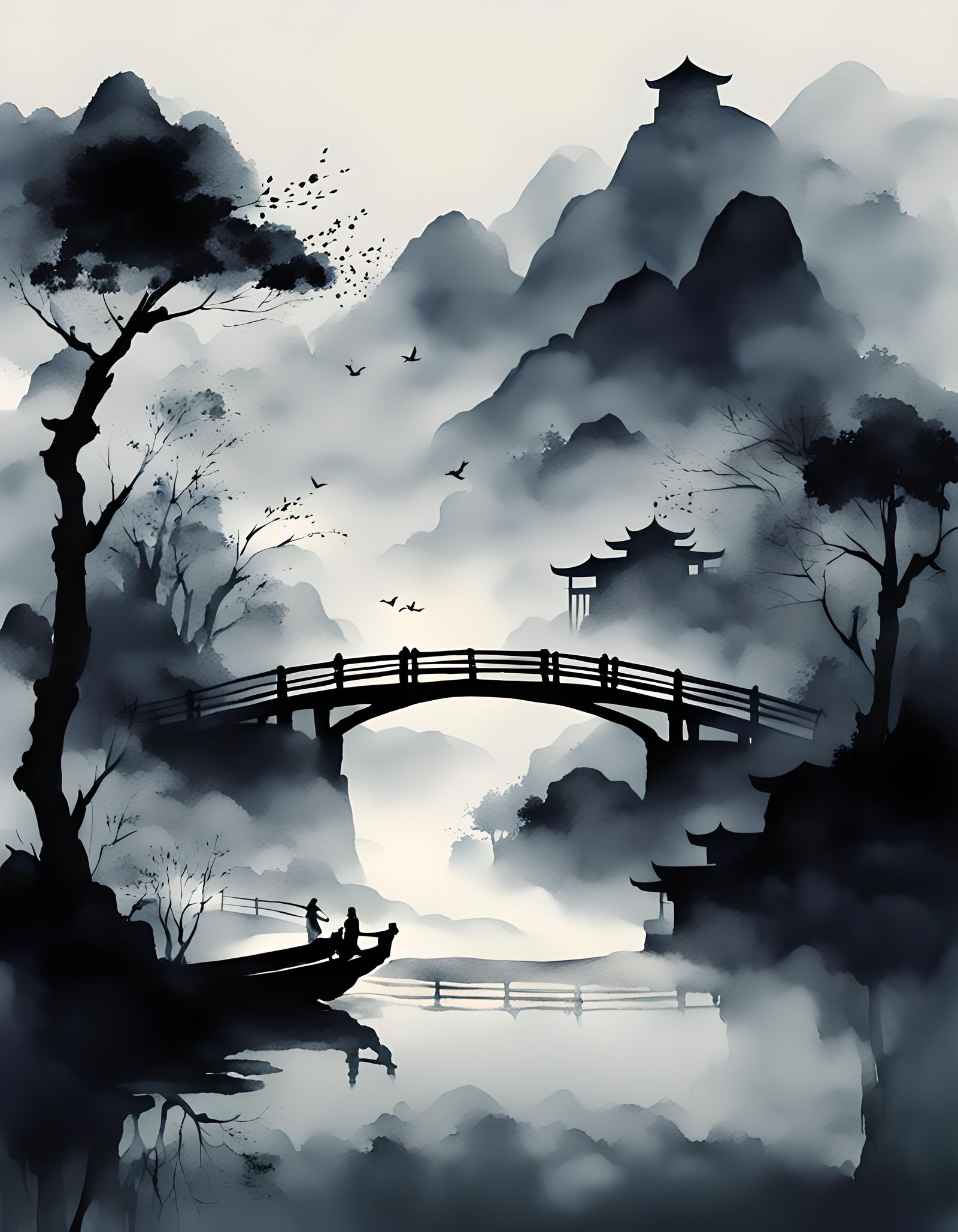Elegant Chinese Ink Landscape at Night