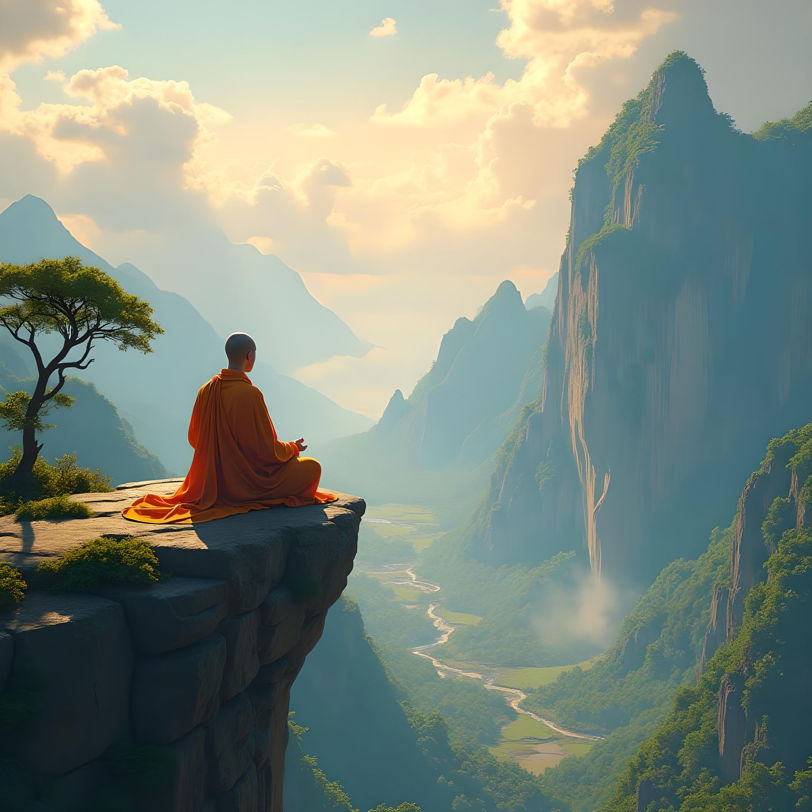 Serene Monk Meditating on Mountain in Paradise