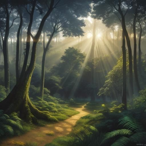 Serene Forest Village in Digital Comic Art Style