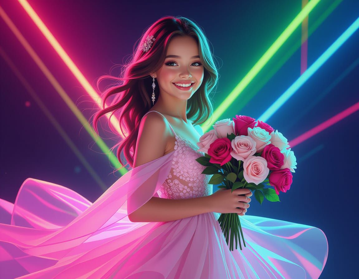 Girl in Transparent Dress with Roses, Hyperrealistic Style