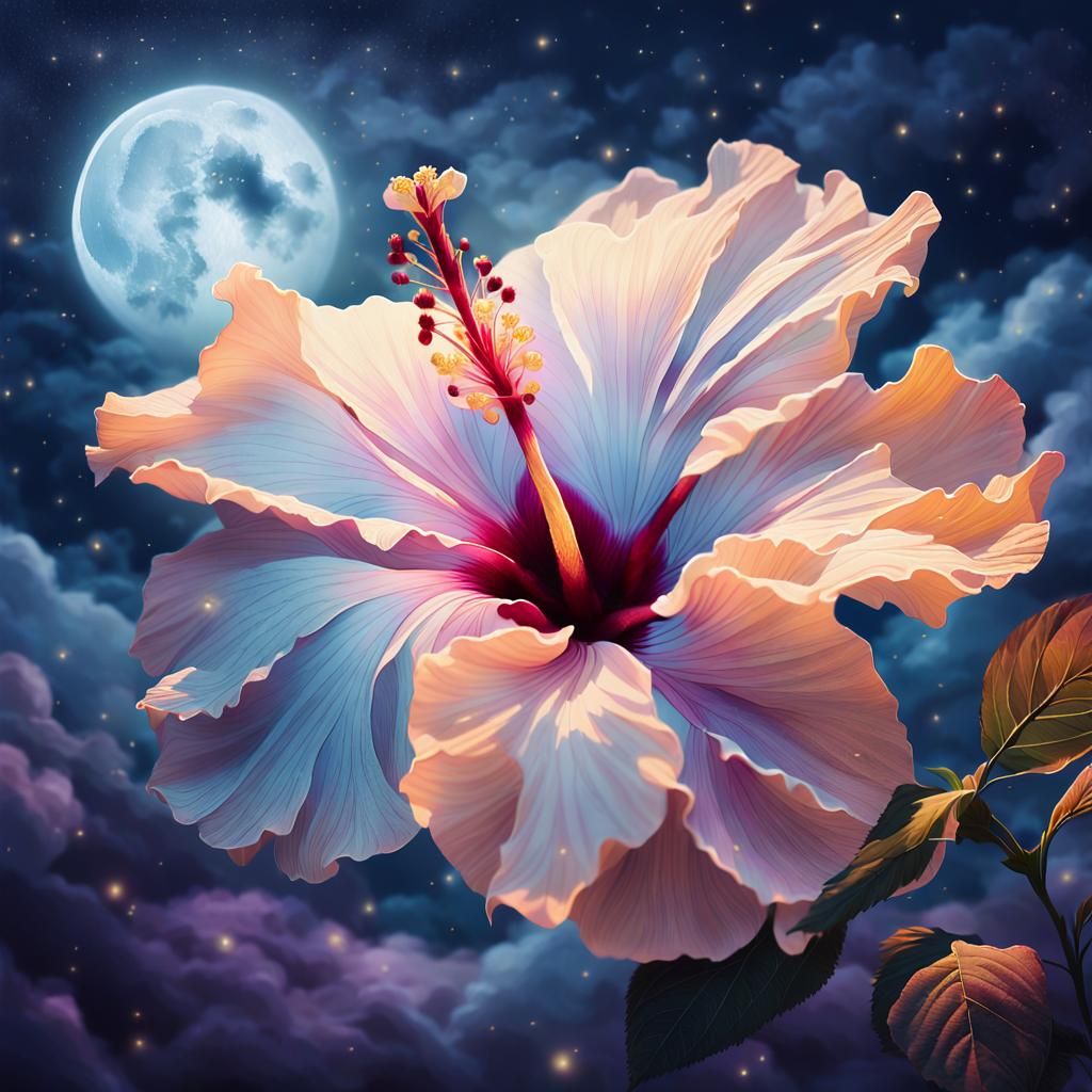 Glowing Hibiscus Flower in Moonlight: Fairytale Illustration