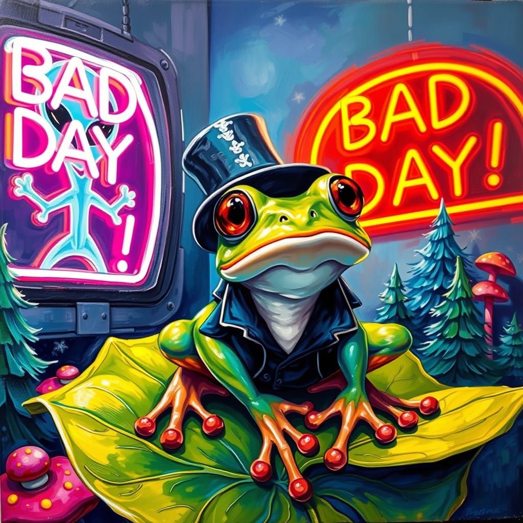 Surprised Frog with Neon Sign, Neo-Impressionist Style