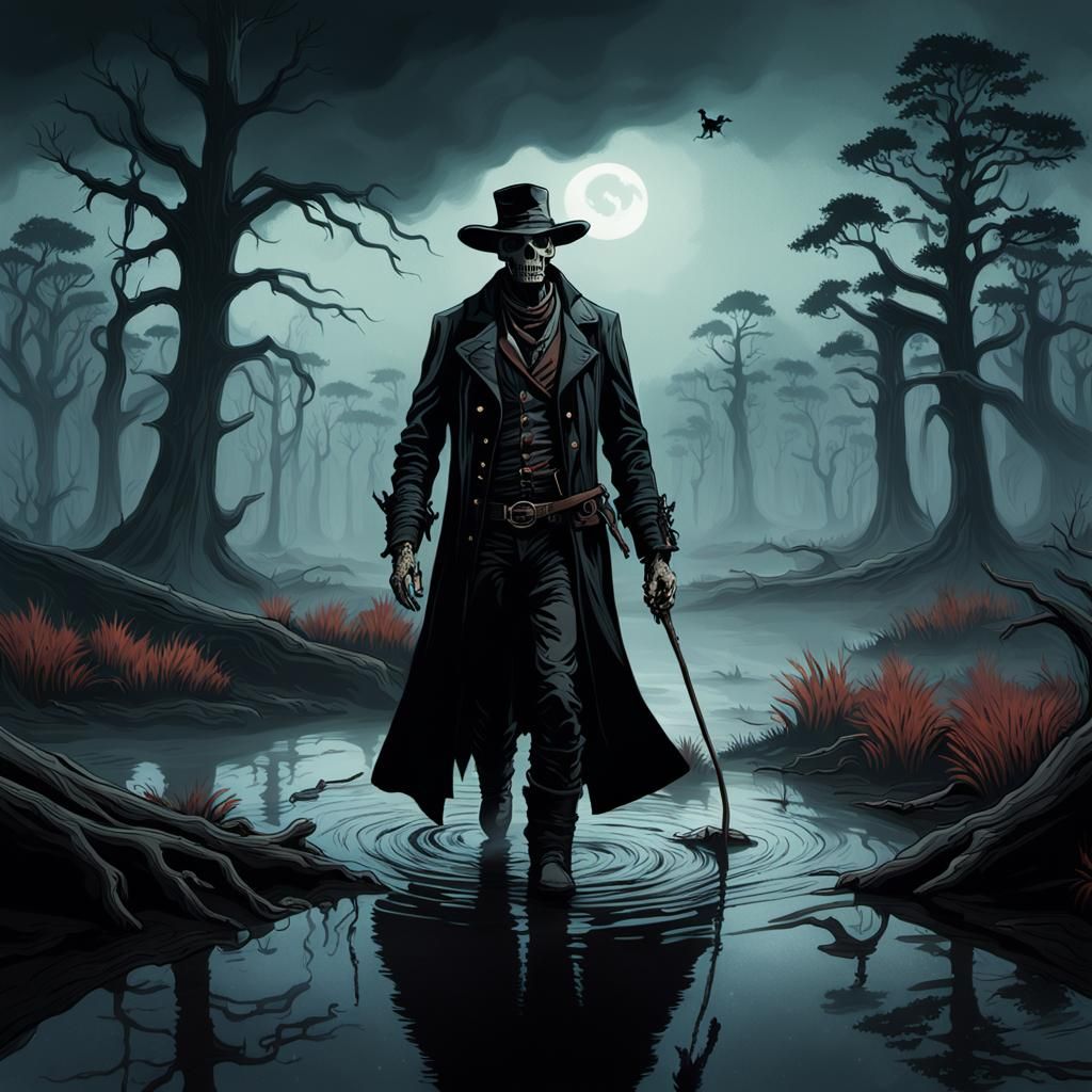 Skeletal Cowboy Drags Body into Murky Swamp
