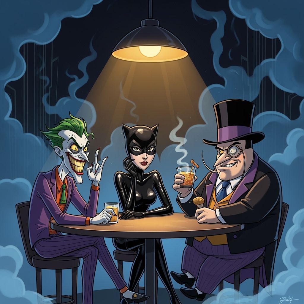 Cartoon Noir: Catwoman, Joker, and Penguin Plotting