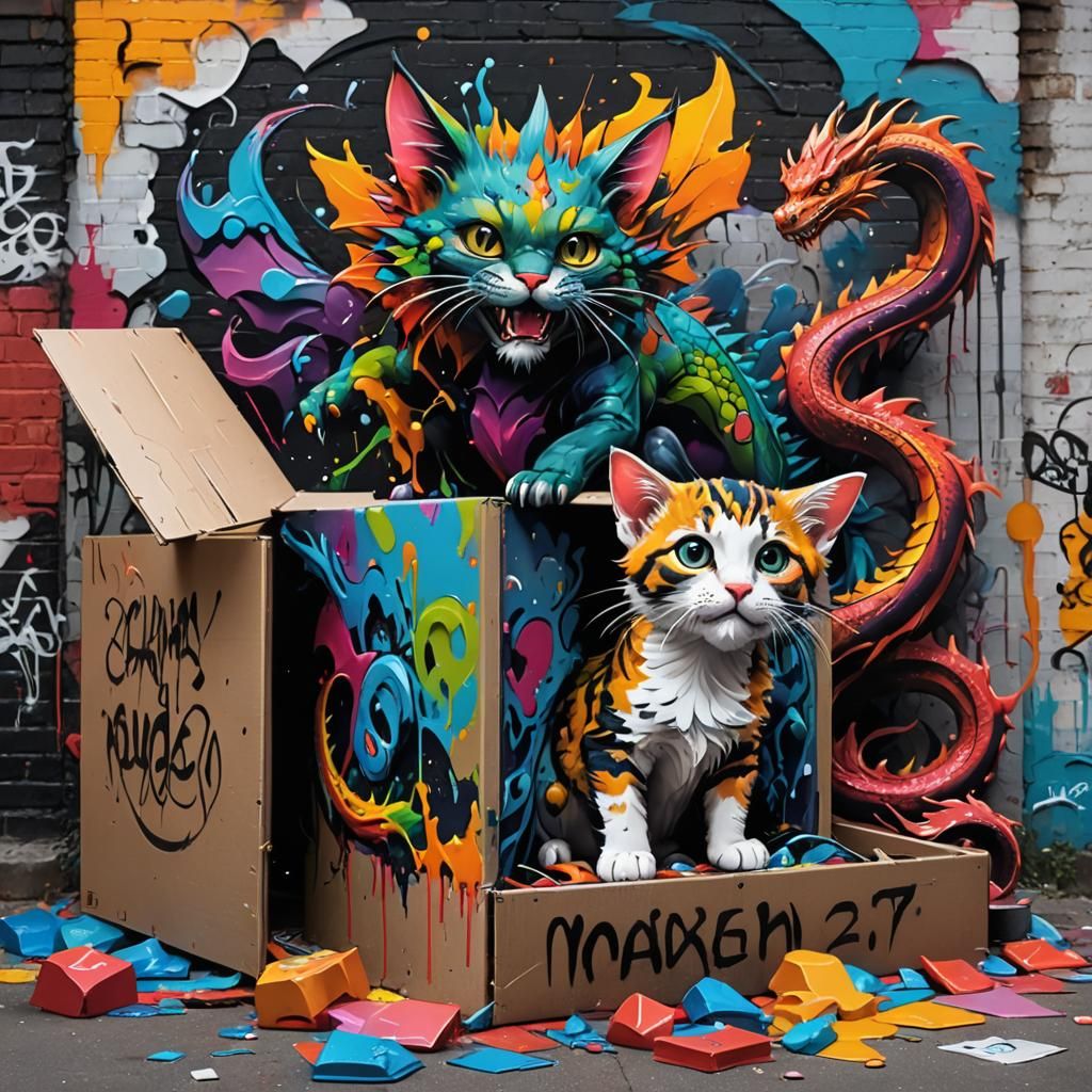 Cat in Box with Dragon: Graffiti Art