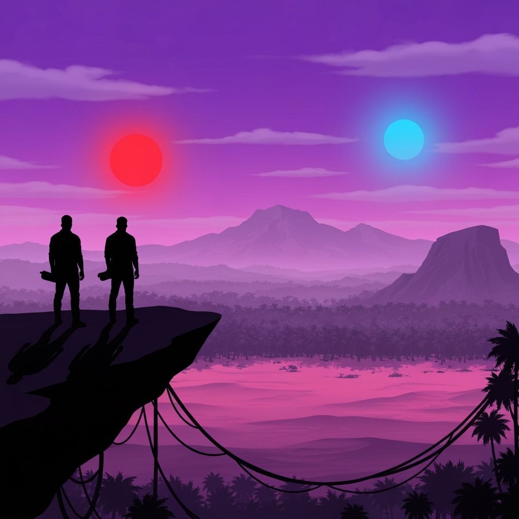 Men Silhouetted on Cliff Overlooking Desert Jungle