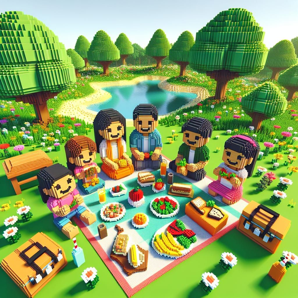 Joyful Family Picnic in Voxel Art Style