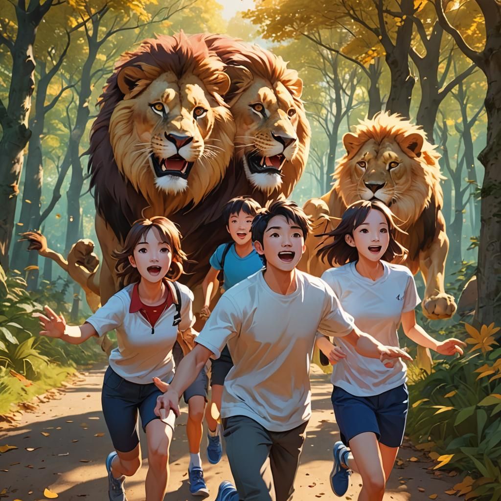 Family Selfie with Lion in 3D Anime Art