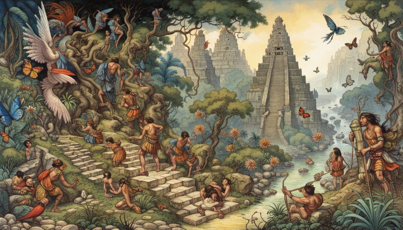 Mayan Temples and Conquistadors in Jungle, Rackham Style