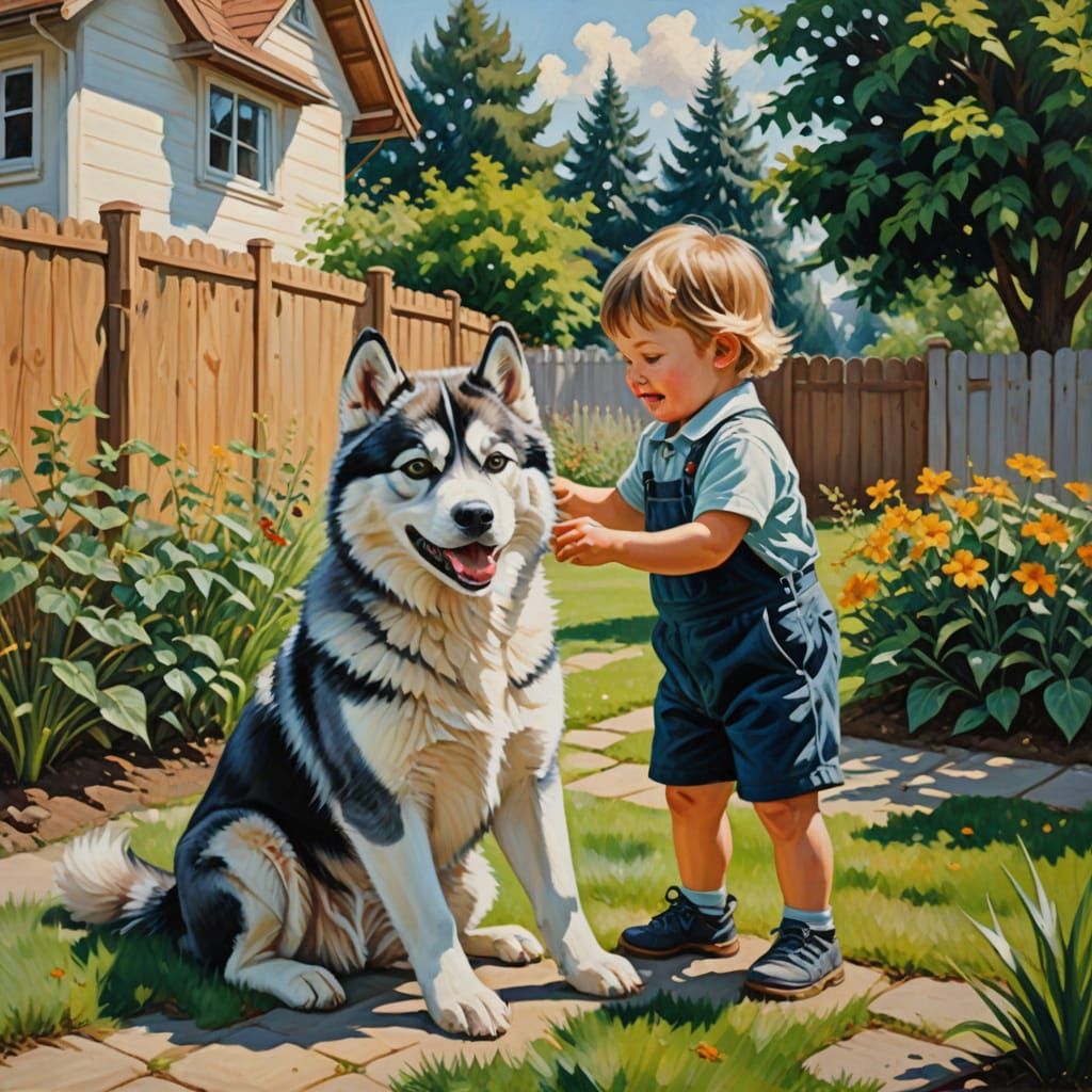 Child and Husky at Play in a Classic Backyard Scene