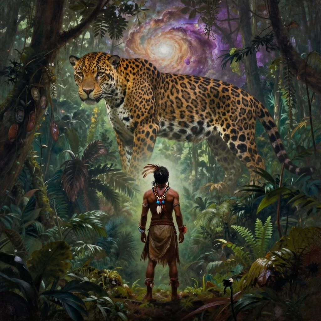 Man in Indigenous Attire Gazes at Cosmic Rainforest
