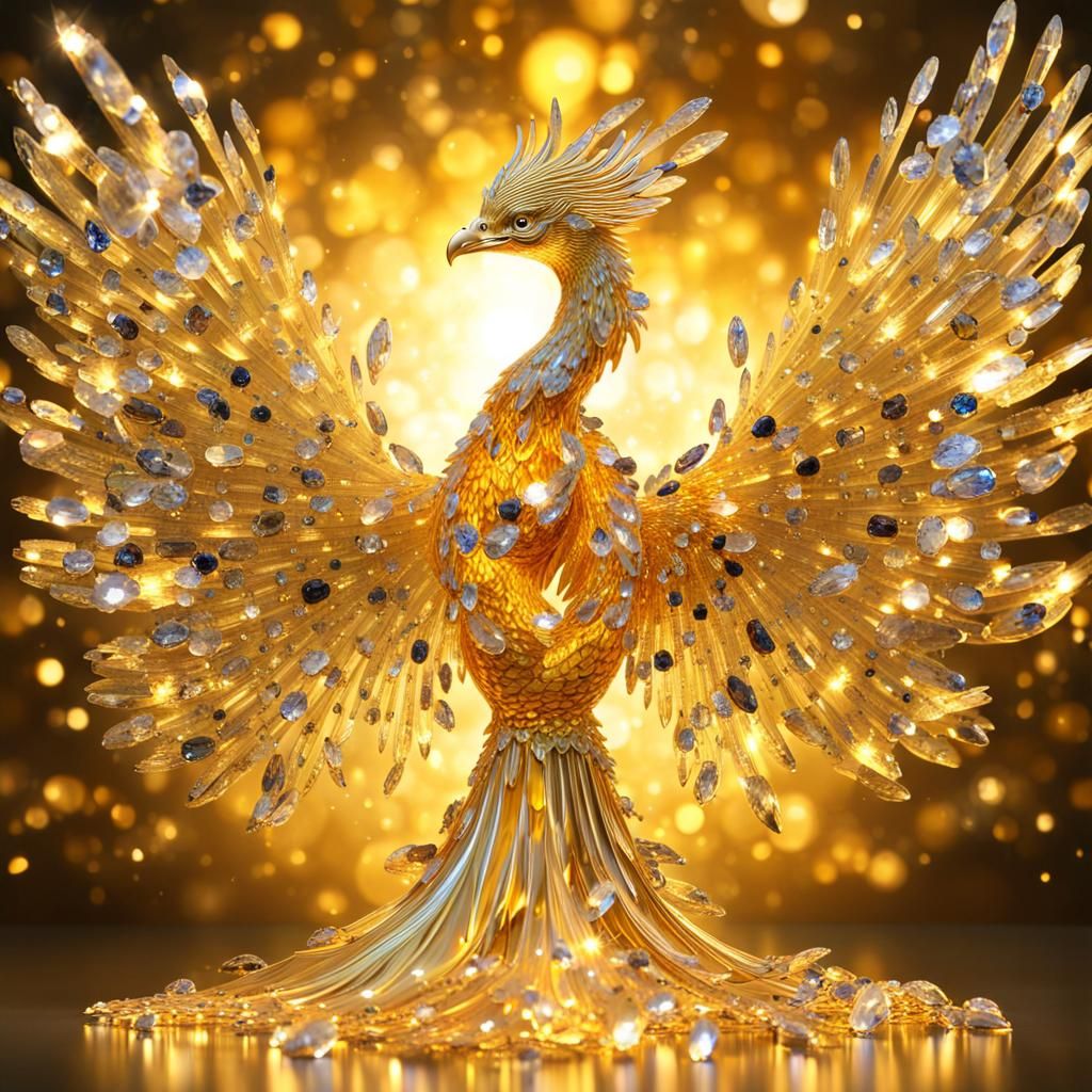 Golden Crystal Phoenix Soaring in Klimt Style